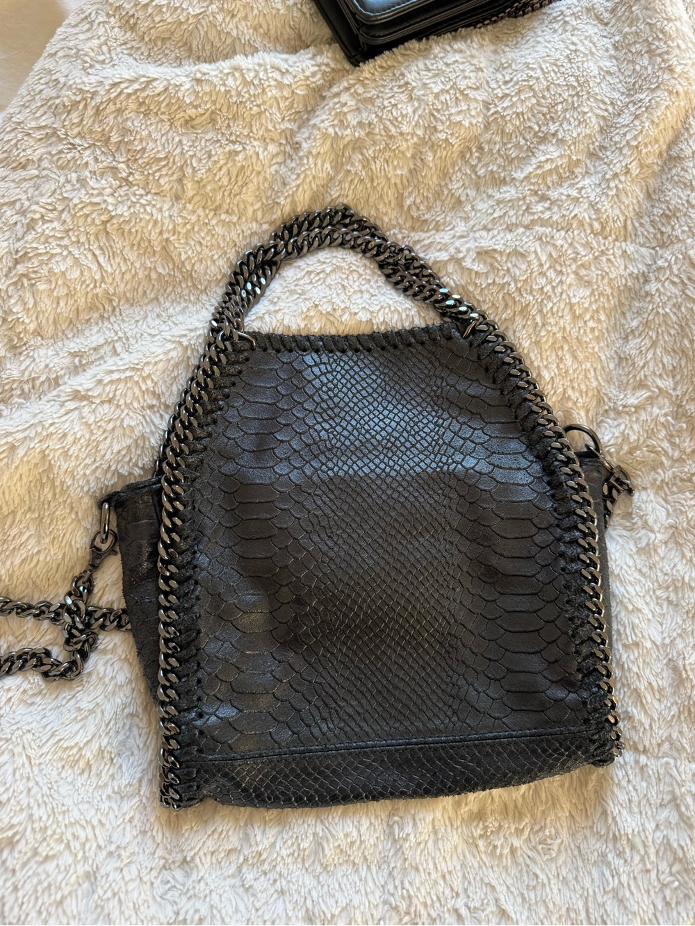 Women's Black Faux-Snake Shoulder Bag with Gunmetal Chain Trim